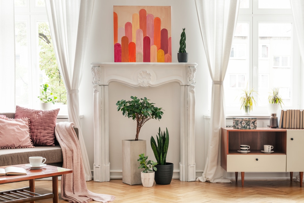 Eclectic Interior, fireplace molding with two bay windows, potted plants and central artwork on fireplace, parquet floors and filtered light in white interior