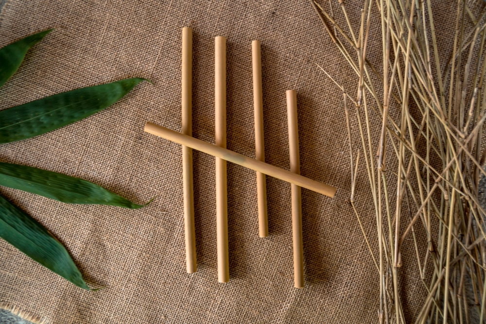 Sustainable materials, bamboo, twigs and leaves laid out on hemp